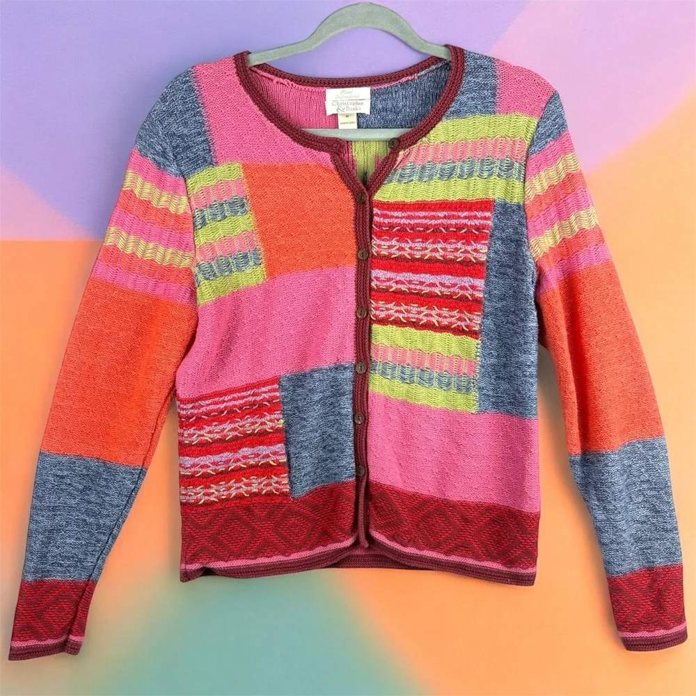 Christopher & Banks Colorful Patchwork Women's Sweater Hand Embroidered Medium - Picture 1 of 9